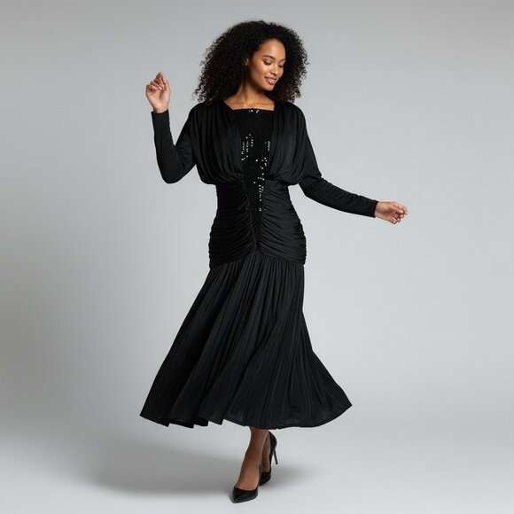 Vintage 1980s Claraluna Originals Dress Sz Small Black Coffin Pleat Vamp Disco - Picture 12 of 13